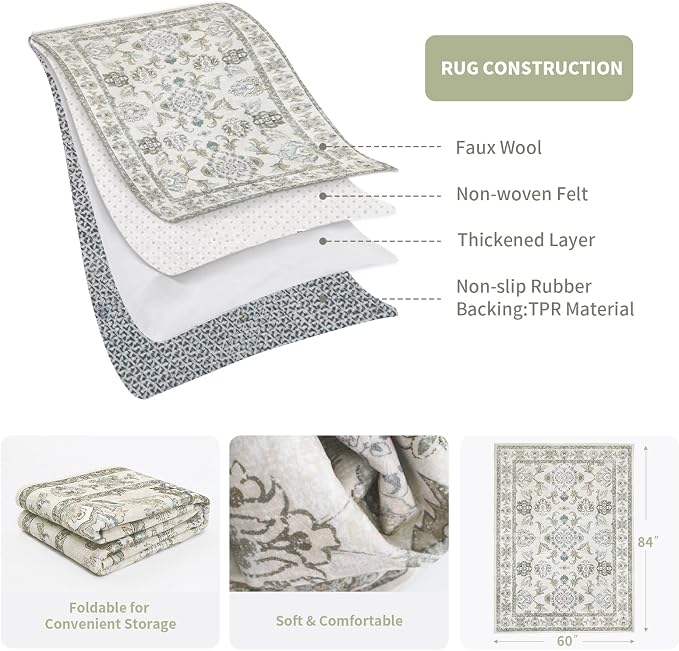 5x7 Washable Area Rugs Beige and Sage Green Vintage Boho Floral Farmhouse Rug - Image 6