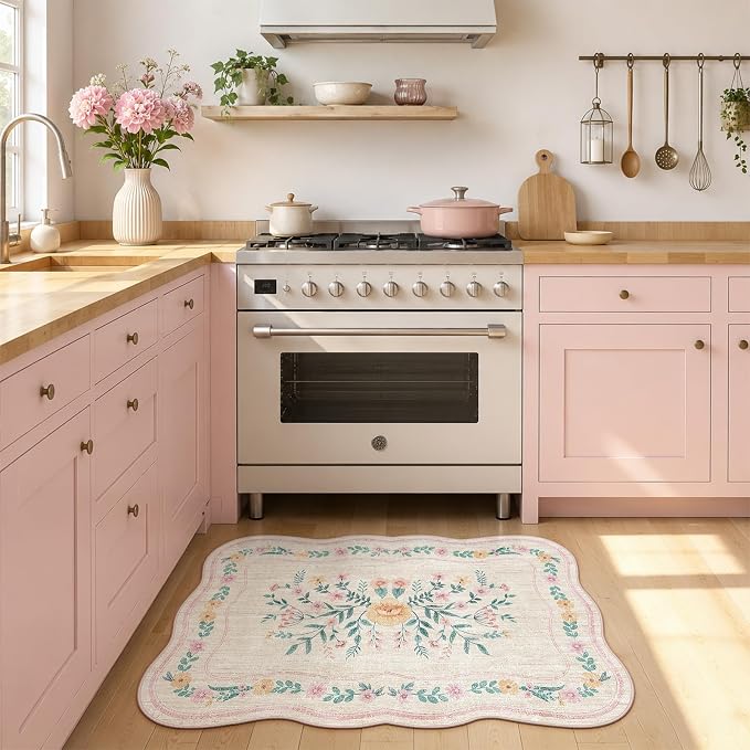 Scalloped Door Mat 2x3 Small Pink Floral Washable Entryway Rug | Soft Low Pile - Image 3