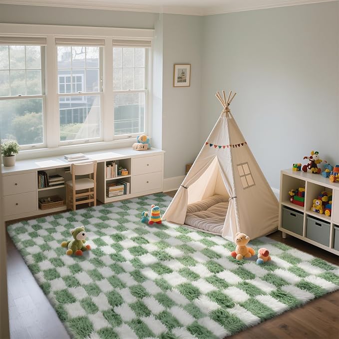 Area Rugs for Bedroom Living Room, 4x6 Green and White Fluffy Soft Checkered - Image 4