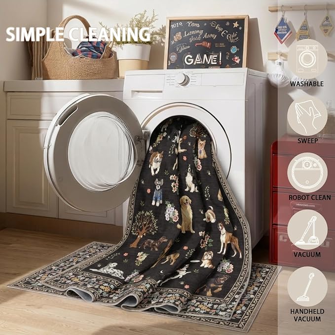 Black Dogs Area Rugs 9x12 Living Room Washable Rug Non Slip Floral Low Pile - Image 6