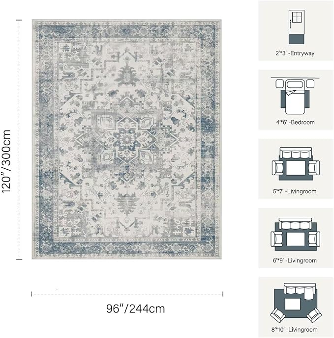 Rugxara 8x10 Washable Area Rug for Living Room, Extra Large Neutral Vintage - Image 2