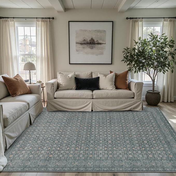 Area Rugs 5x7, Washable Rugs for Living Room, Vintage Boho Light Blue Rug for - Image 4