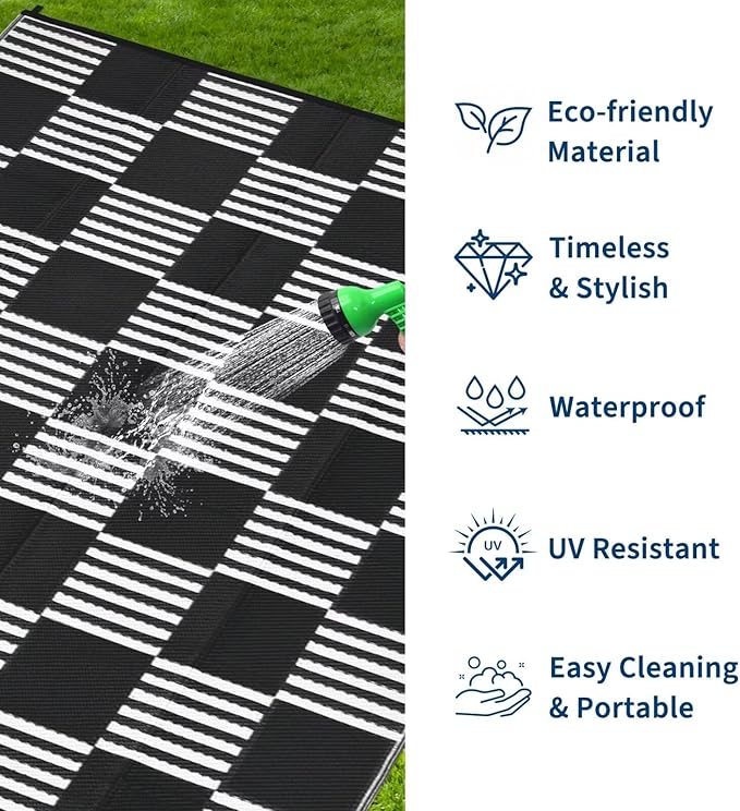 Garvee Waterproof Outdoor Rug 6x9, Checkered Foldable Plastic Straw Patio - Image 2
