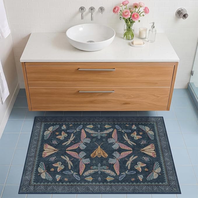 Dark Blue 2x4 Non Slip Bathroom Rug, Washable Vintage Boho Insect Carpet by HazoHaus