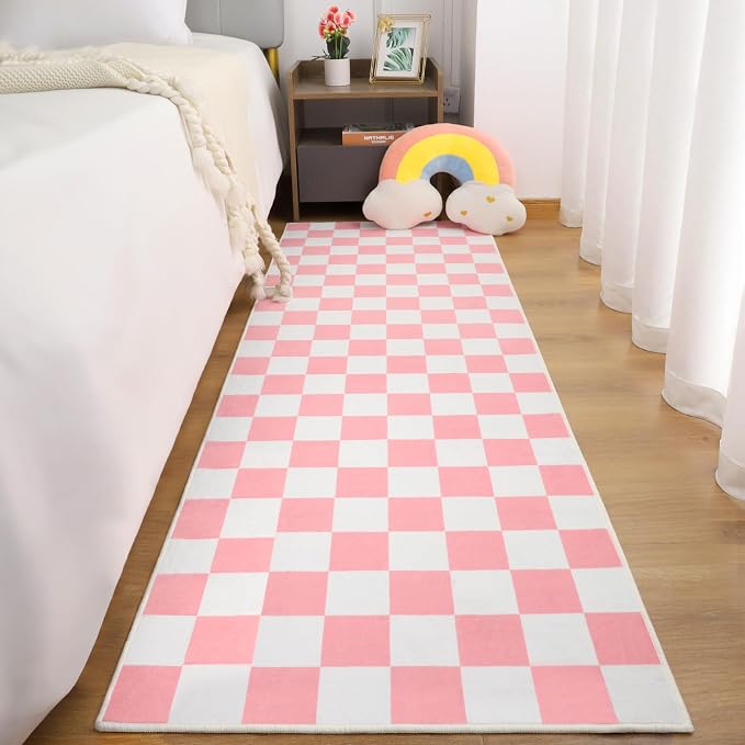 Terrug Pink and White Checkered Area Rug - Image 3