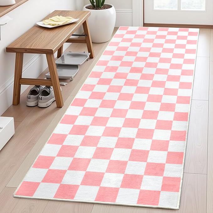 Terrug Pink and White Checkered Area Rug - Image 4