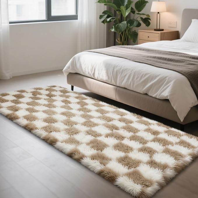 Checkered Rug for Bedroom, 2x6 Beige and White Area Rugs, Classic Checkered by Yongyangjuxi
