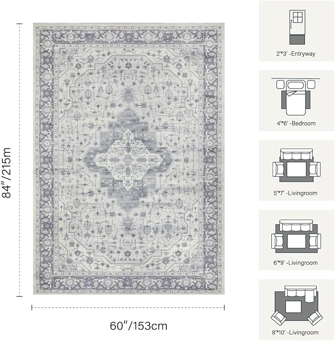 Rugxara 5X7 Washable Area Rug for Living Room, Vintage Large Boho Rugs for - Image 2