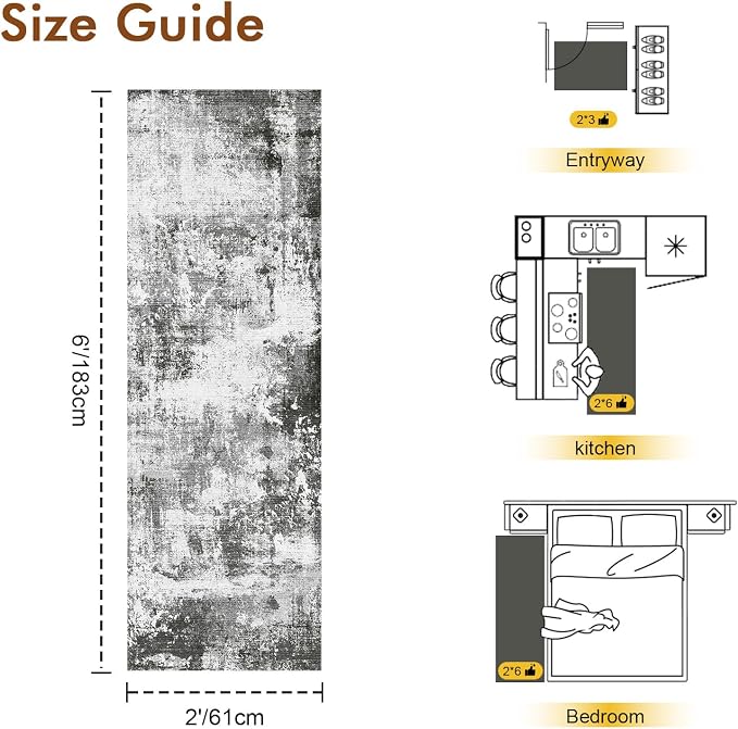 2x6 Ft Washable Runner Rug, Non-Slip Low Pile Hallway Kitchen Area Rug - Image 2