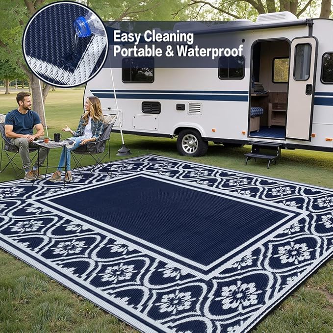 HUGEAR Patio Rug 10'x14' Waterproof Outside Area Rugs Reversible Blue Outdoor - Image 4
