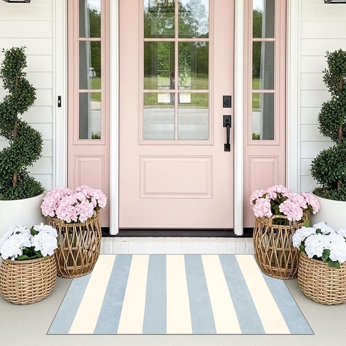 Blue White Striped Outdoor Rug - Image 4