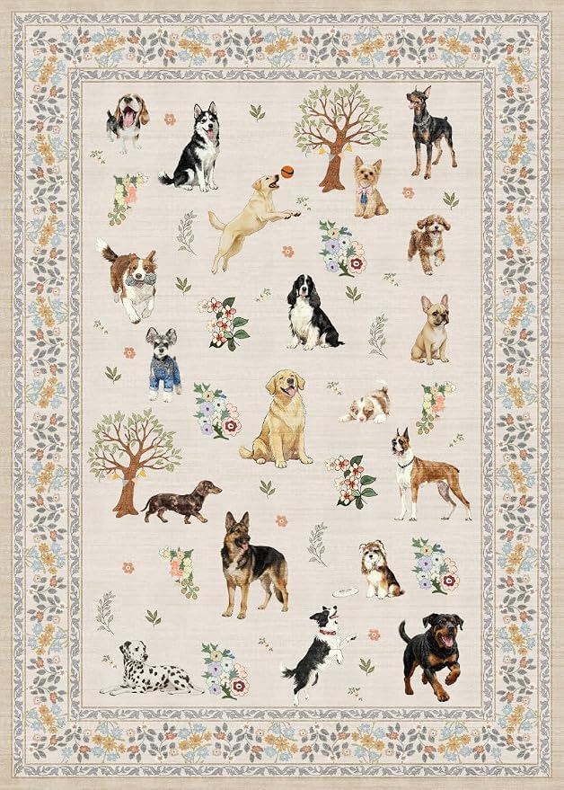 Dog Rug 4x6 Beige, Washable Floral Area Rugs Non Slip Low Pile Small Carpet - Image 5