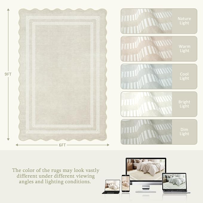 Washable 6x9 Area Rugs for Living Room, Solid Ivory Ultra-Thin Bedroom Rug - Image 2