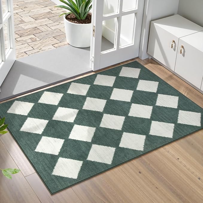 Lahome Zelie Checkered Washable 2x3 Green Kitchen Rugs Non Slip, Small Printed by Lahome