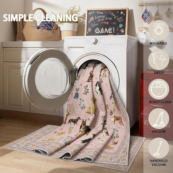 Pink Dogs Area Rugs 9x12 Living Room Washable Rug, Non Slip Floral Low Pile - Image 5