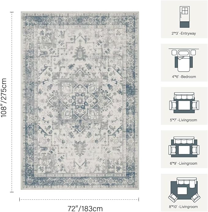 Rugxara 6x9 Washable Area Rug for Living Room, Neutral Vintage Large Boho Rugs - Image 2