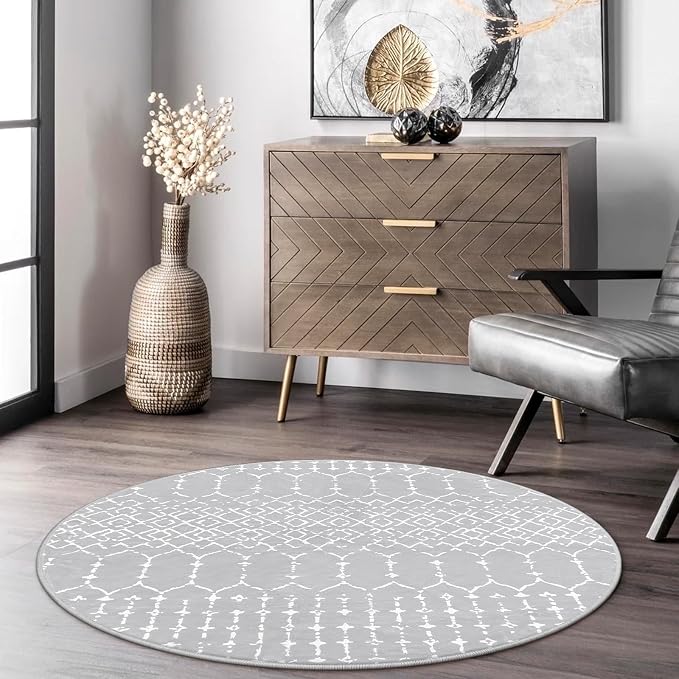 Lahome Moroccan Round Washable Rug 3Ft Small Circle Soft Non-Slip Grey Bathroom - Image 8