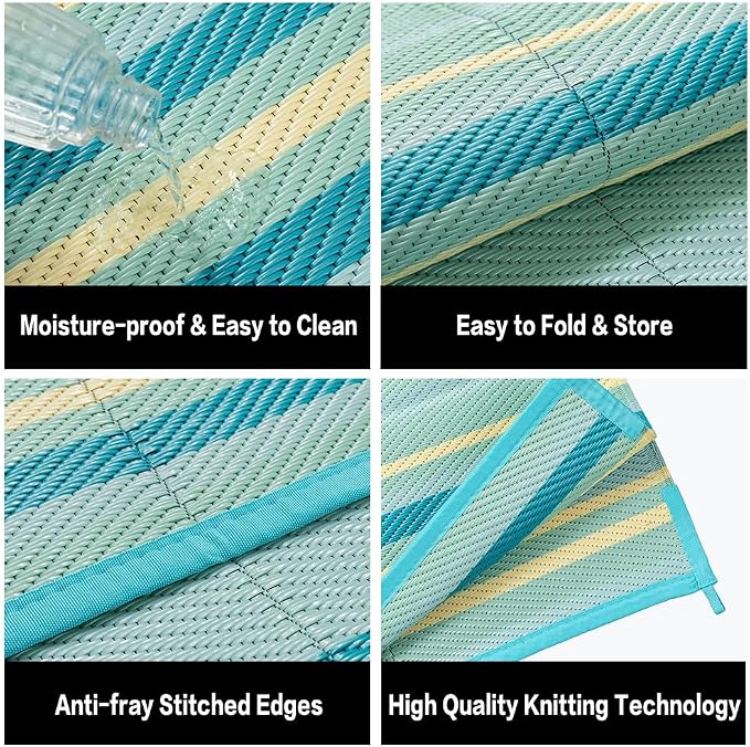 Outdoor Plastic Straw Rug Waterproof Patio 5x8 Teal Yellow Stripe Mat - Image 7