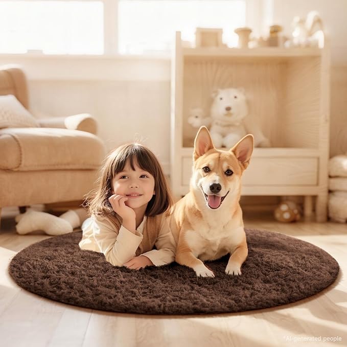 Ophanie Round Rug 4Ft Brown Circle Area Rug, Fluffy Fuzzy Small Bedroom Carpet - Image 3