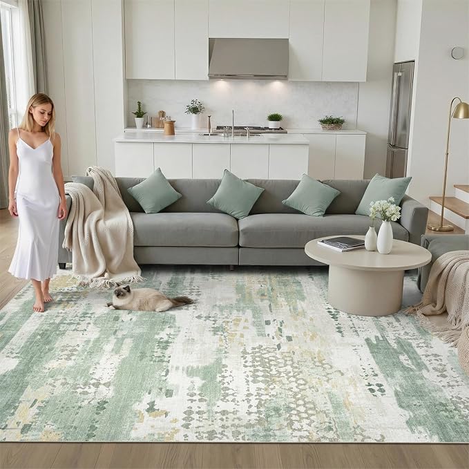 DCX Abstract Area Rug 9x12, Washable Sage Green Modern Rug - Image 2