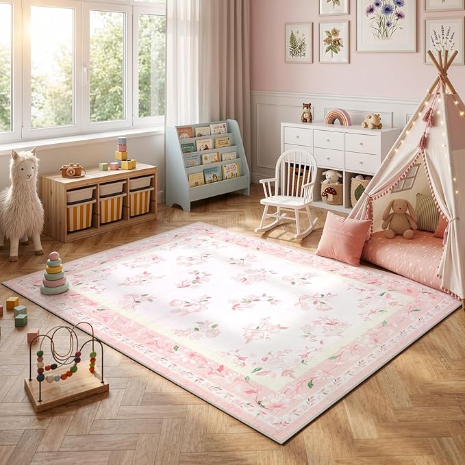 LIVEBOX 5x7 Soft Nursery Rug for Baby Girl, Light Pink Rug Non-Slip Faux Wool - Image 2