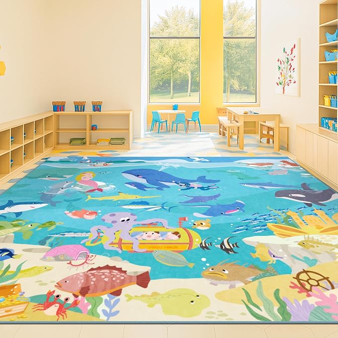 Large Blue Ocean Rug for Kids Room – 8x10 Play Mat by HazoHaus