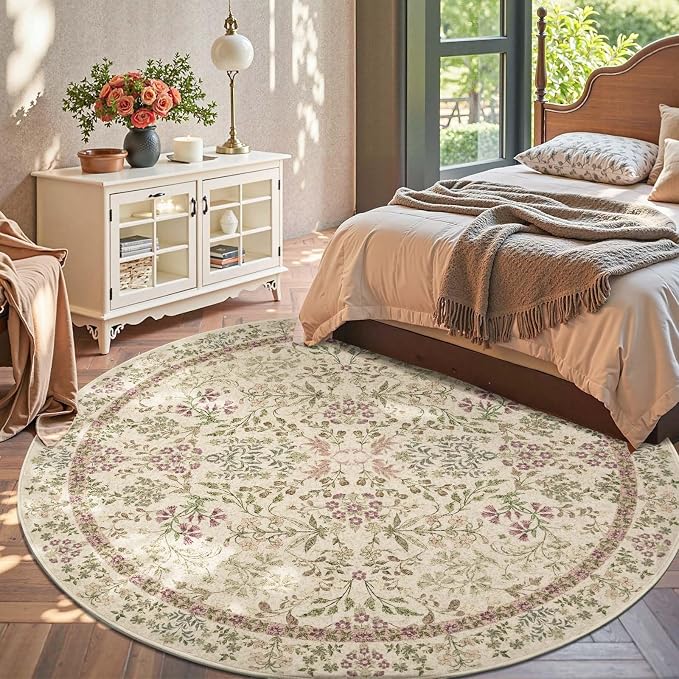jinchan Zenith Round Rug 7ft Area Rug Soft 7'Round Vintage Floral Rug Non-Slip - Image 4