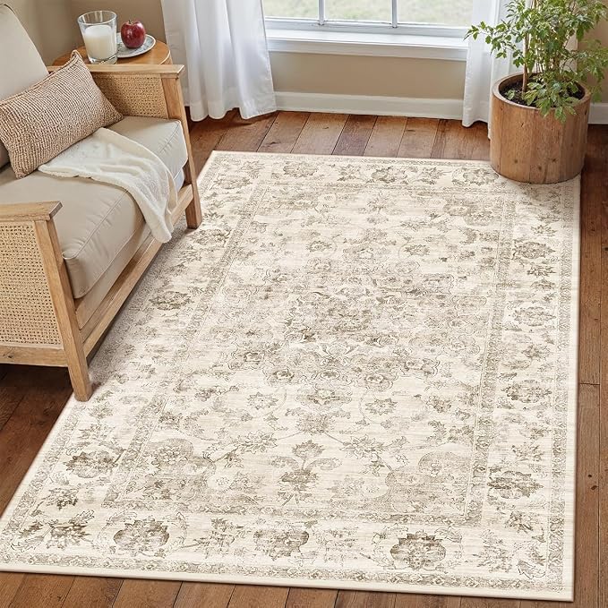 3x5 Washable Neutral Area Rug Beige Vintage Entryway Office Carpet Non-Slip - Image 3
