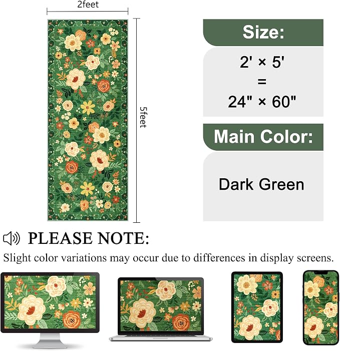 DUKINO 2x5 Runner Rug for Hallway, Washable Kitchen Floral Runner Rug - Image 2