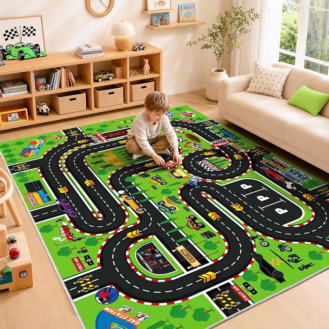 Kids Play Rug 4x5 Ft, Non-Slip Race Track Car Rug Play Mat, Washable Soft Road - Image 6