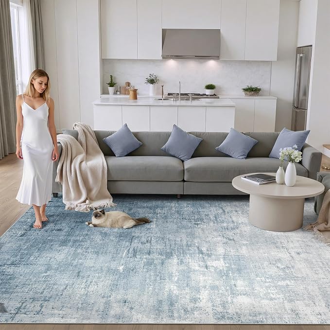 DCX Abstract Area Rug 9x12, Washable Blue Modern Rug - Image 3