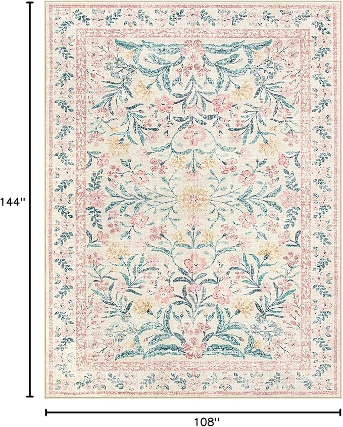 Wonnitar Floral Large Rugs for Living Room, Soft Light Pink Rug Washable 9x12 - Image 2