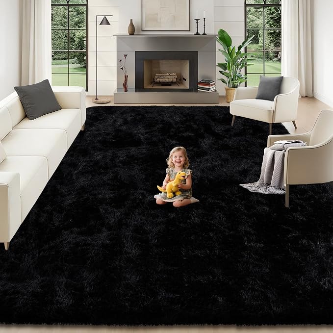 8x10 Area Rugs for Living Room: Soft Black Fluffy Rug Shag Washable Rug Plush by ZomfyRugs