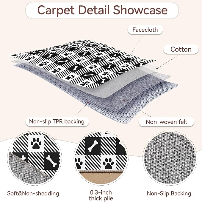 Area Rugs Paw Bone Plaid Modern Neutral Large Living Room Carpet Checkered Dog - Image 3