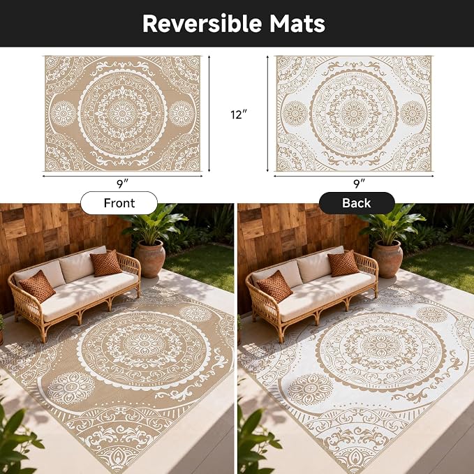 Pauwer Waterproof Outdoor Rug 9x12, Reversible Plastic Straw Patio Camping Rug - Image 2