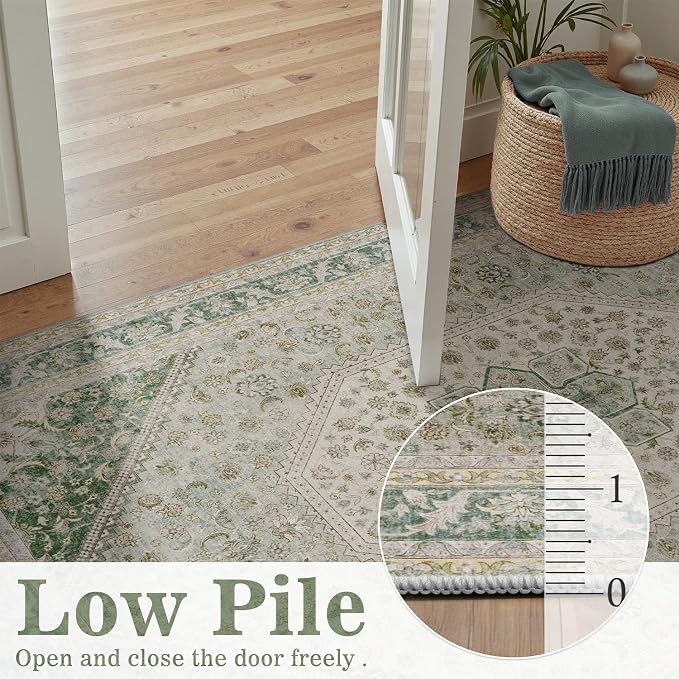 DCX Green 6x9 Area Rug, Machine Washable Non Slip Stain Resistant Vintage Rug - Image 4