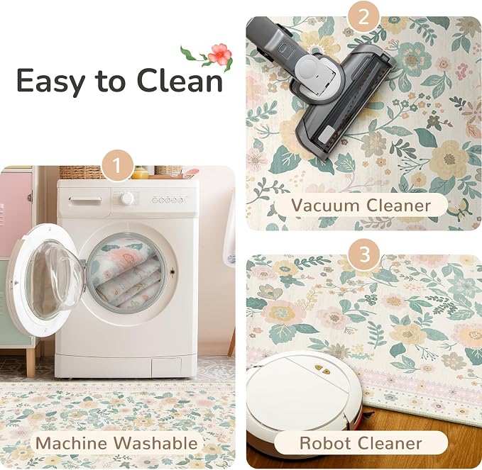4x6 Area Rugs, Washable Floral Rug, Low Pile Non-Slip Carpet, Flower Rug - Image 3
