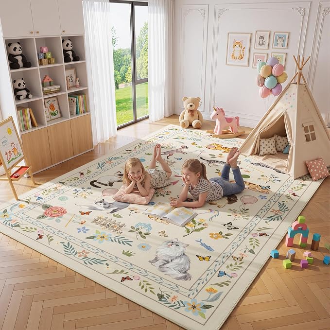 Unirea 6x9 Beige Cat Area Rug for Living Room, Large Soft Washable Kids Rug - Image 6