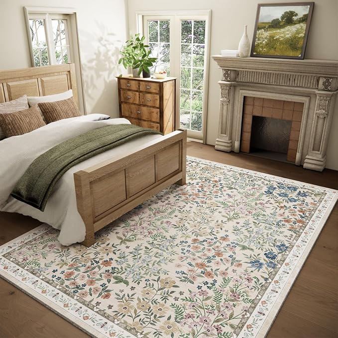 Machine Washable Rugs for Living Room: 8x10 Area Rugs for Bedroom Floral Non - Image 2