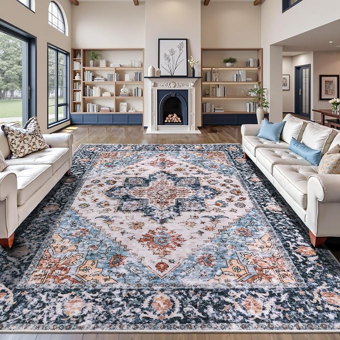 SERISSA Washable Rugs 9x12 Area Rugs, Large Non-Slip Blue Orange Living Room Rug by SERISSAHomeDecorCollection