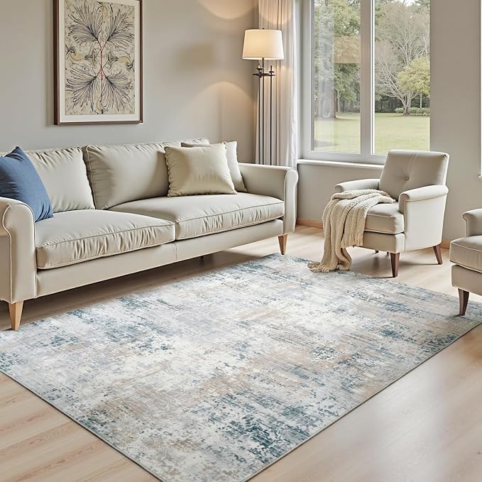 Area Rug 6x9 Washable Rugs for Living Room Blue Beige, Modern Abstract Non-Slip - Image 8