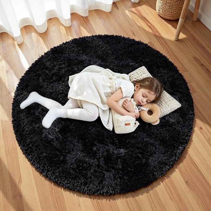 Black Round Fluffy Rug 6ft Plush Fuzzy Shaggy Carpet, Soft Rugs - Image 3