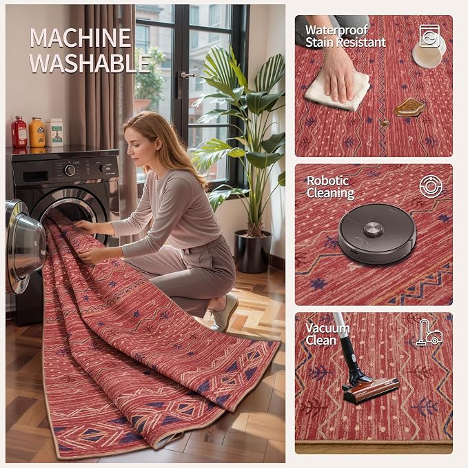SERISSA 9x12 Area Rugs for Living Room, Washable Non-Slip Red 0chre Boho Rug - Image 3