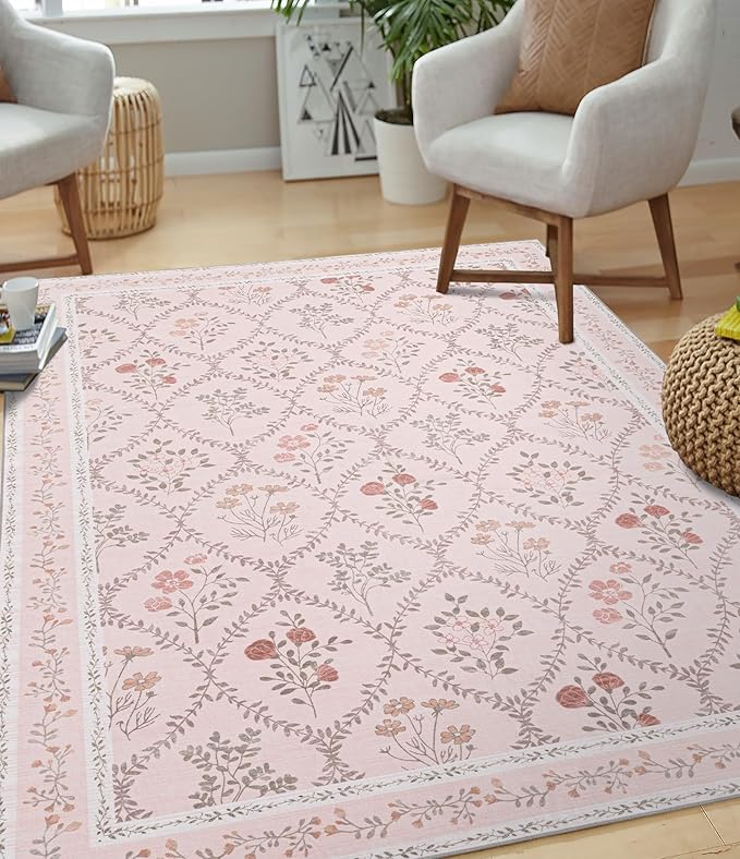 YIHOUSE 5x7 Pink Floral Rug for Bedroom Girls, Washable Area Rugs for Living - Image 2