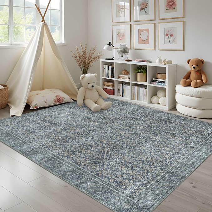 Latte&Fog 6x9 Area Rugs for Living Room, Large Vintage Blue Washable Rug - Image 3