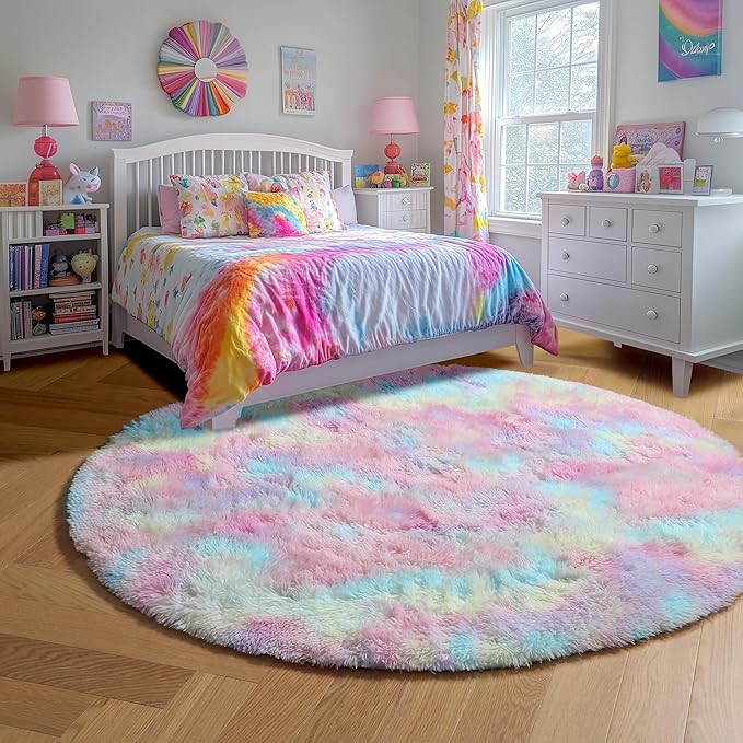 Amdrebio Rainbow Fluffy Round Rug 5Ft Kids Rugs - Image 5