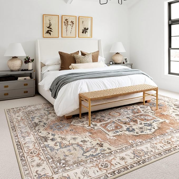 6x9 Washable Area Rug: Vintage Neutral Soft Non Slip Thin Large Floor Carpet - Image 3