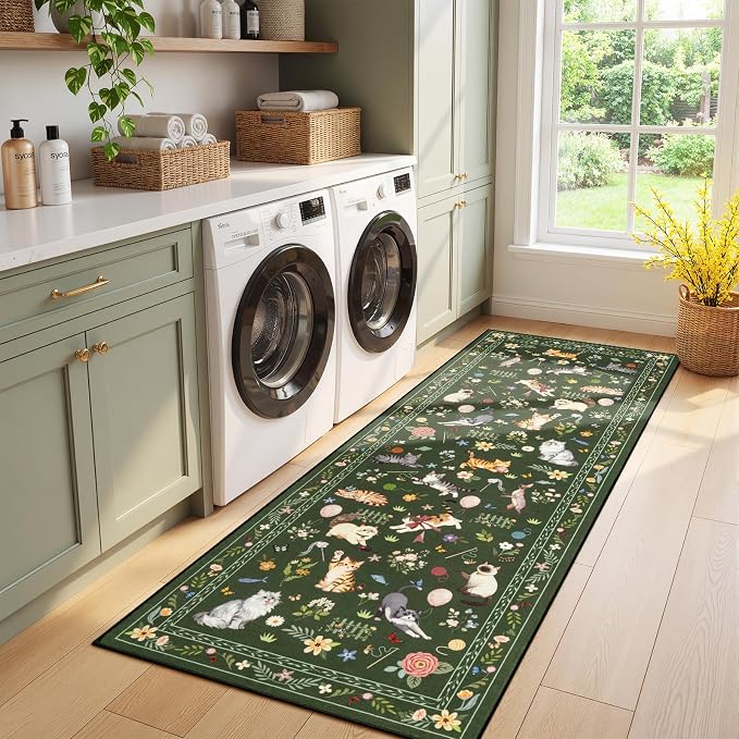 Unirea 2.6x8 Dark Green Cat Runner Rug, Washable Non Slip Botanical Rug - Image 9