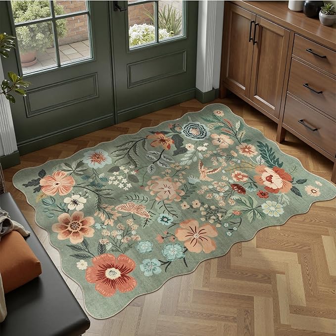 DCX Vintage Floral Rug 2x3, Washable Sage Green Rug by DCXWashableRug