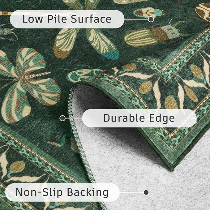 DCX 5x7 Washable Insect Rug, Vintage Gothic Dark Green Rug - Image 7